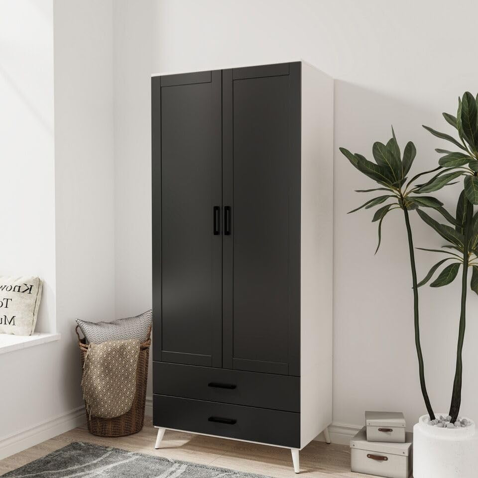 Black Modern Wardrobe 2 Doors 2 Drawers Bedroom Clothes Storage Unit