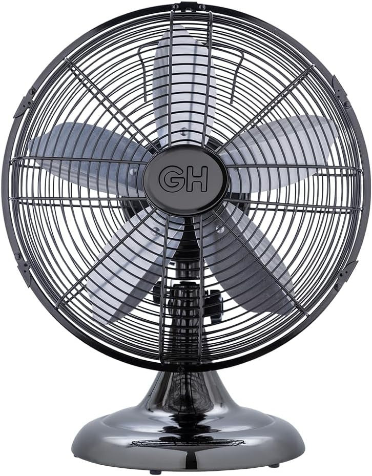 12-Inch Retro Table Fan – Midnight Chrome Metal Build 3-Speed Adjustable Tilt
