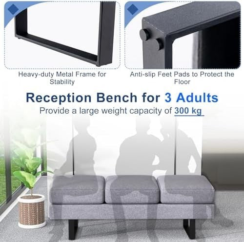 Modern 3 Seater Upholstered Bench Grey Metal Frame Waiting Room Chair Office