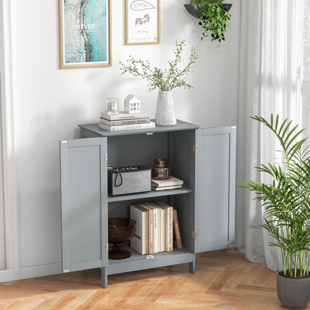 Adjustable Bathroom Floor Cabinet with 3 Shelves, Anti-Tipping Design, Grey