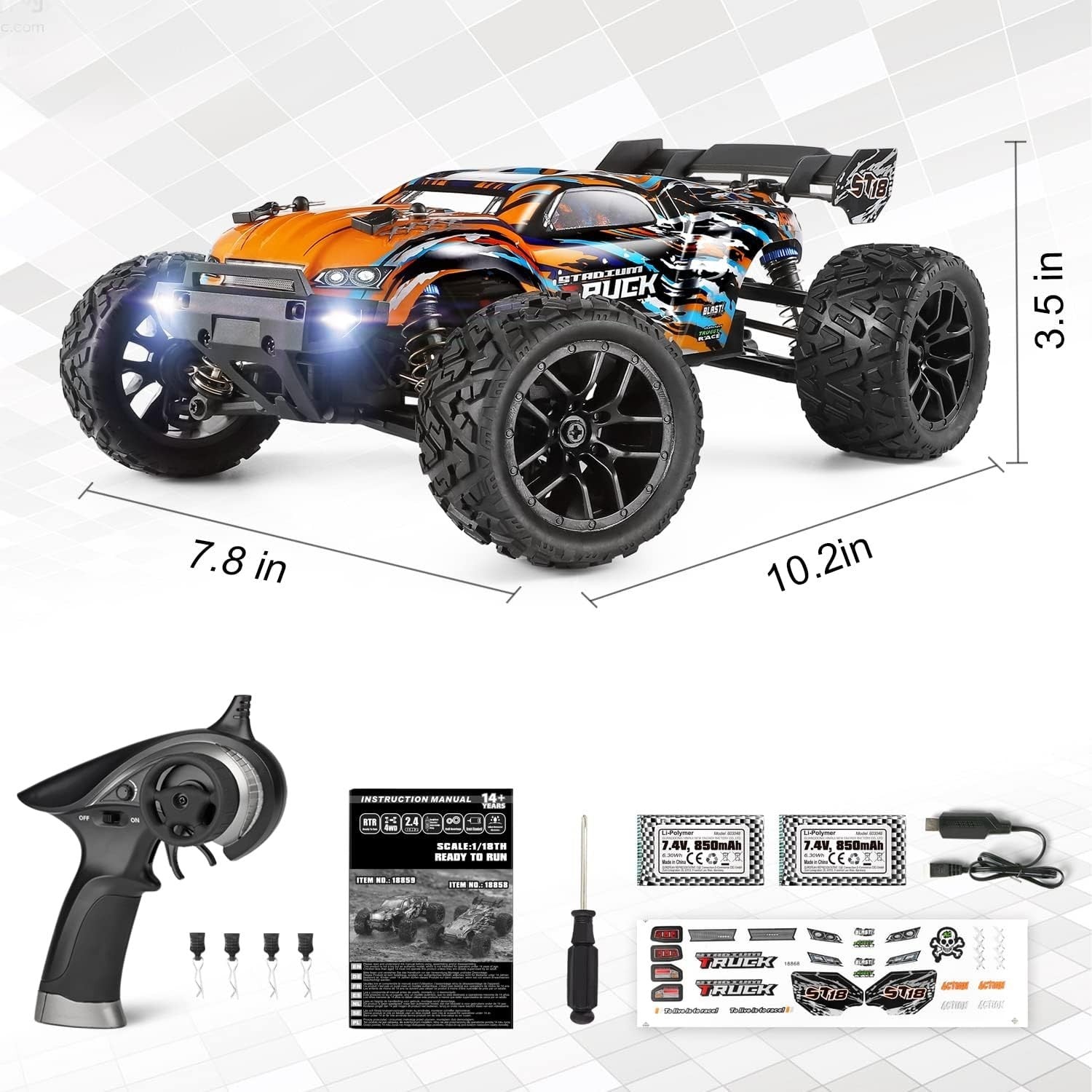 1:18 4WD RC Car 36KMH Waterproof Off-Road Monster Truck 2 Batteries 2.4GHz Gift