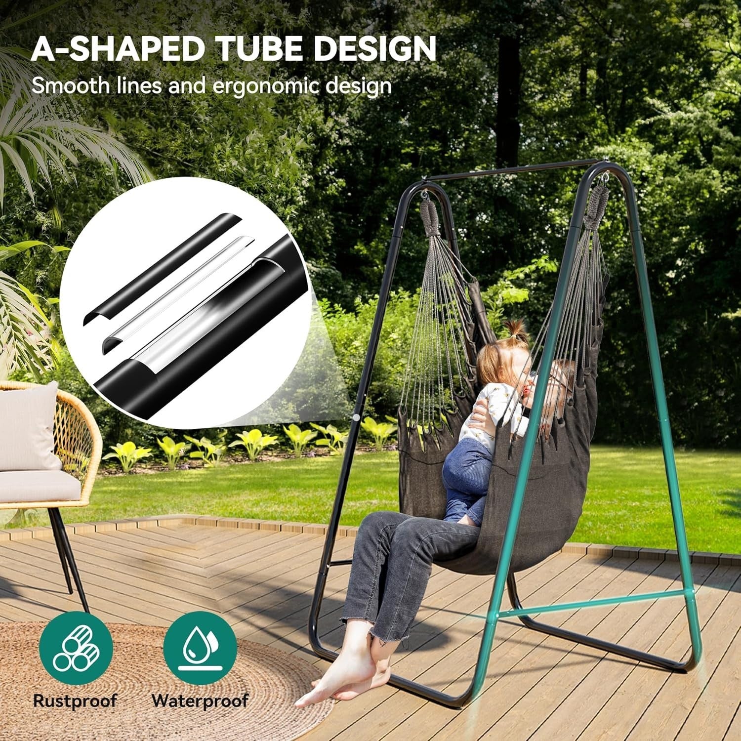 Hammock Swing Chair with Stand, Outdoor Patio Seat, Cushioned Comfort, 85x92x153
