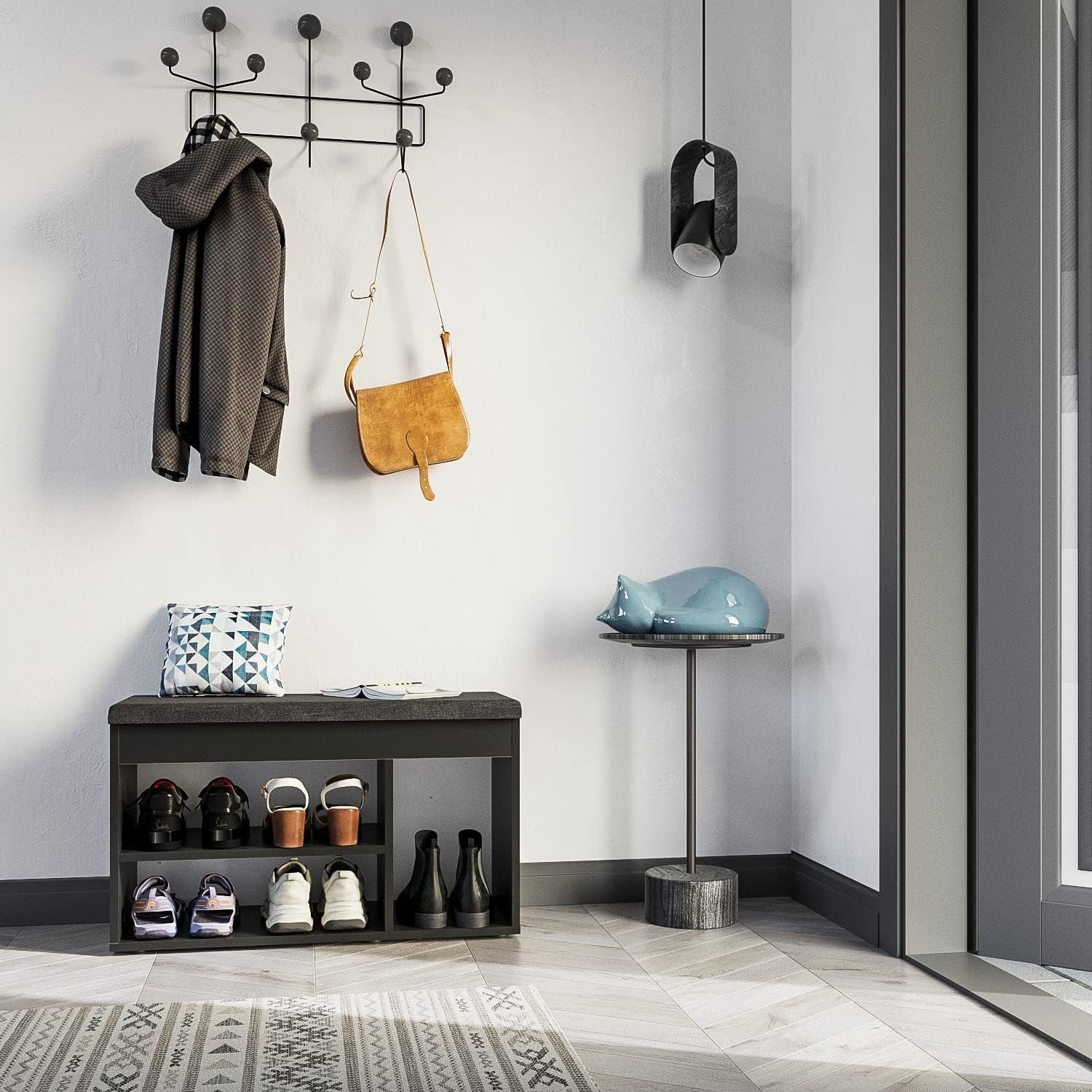 Black Shoe Storage Bench with Cushion Hidden Seat for Entryway Hallway
