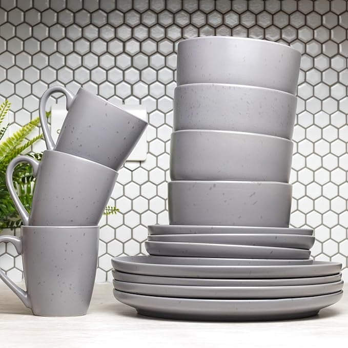 16 Piece Stoneware Dinner Set Plates Bowls Mugs for 4 Grey Crockery Set