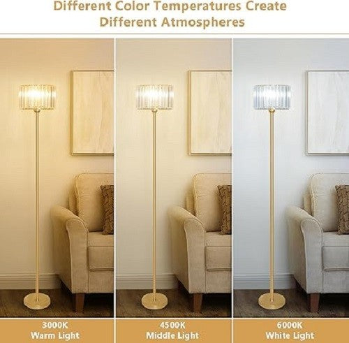 Gold Crystal Floor Lamp Glass Shade Tall Standing Light Living Room Bedroom