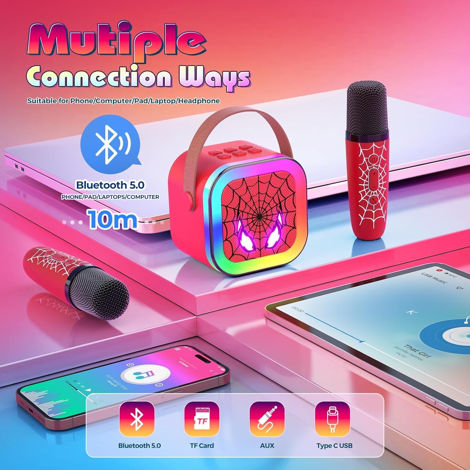 Kids Karaoke Machine 2 Wireless Mics Bluetooth LED