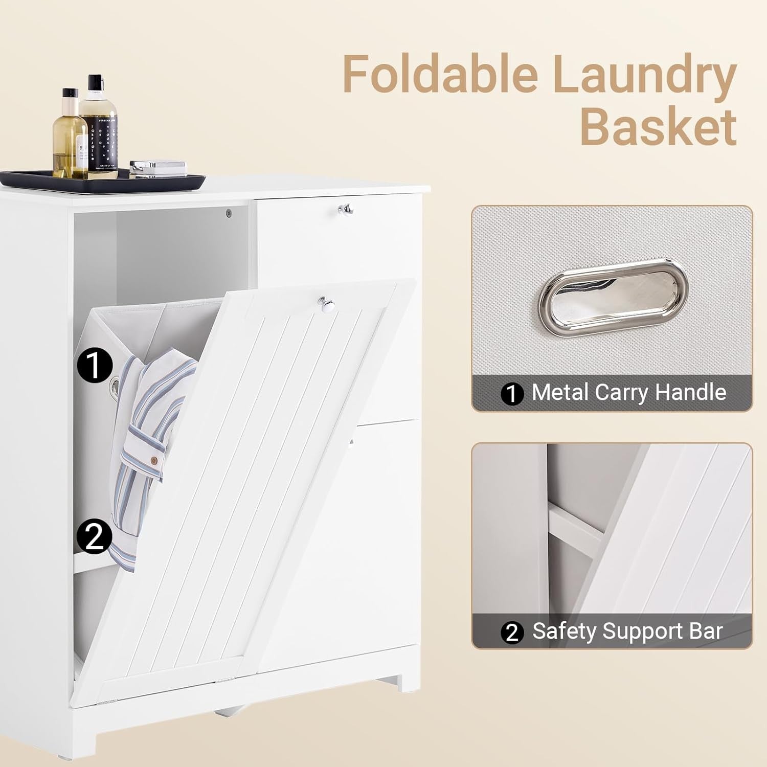 Slim Bathroom Laundry Cabinet with 3 Baskets Tall Storage Unit White