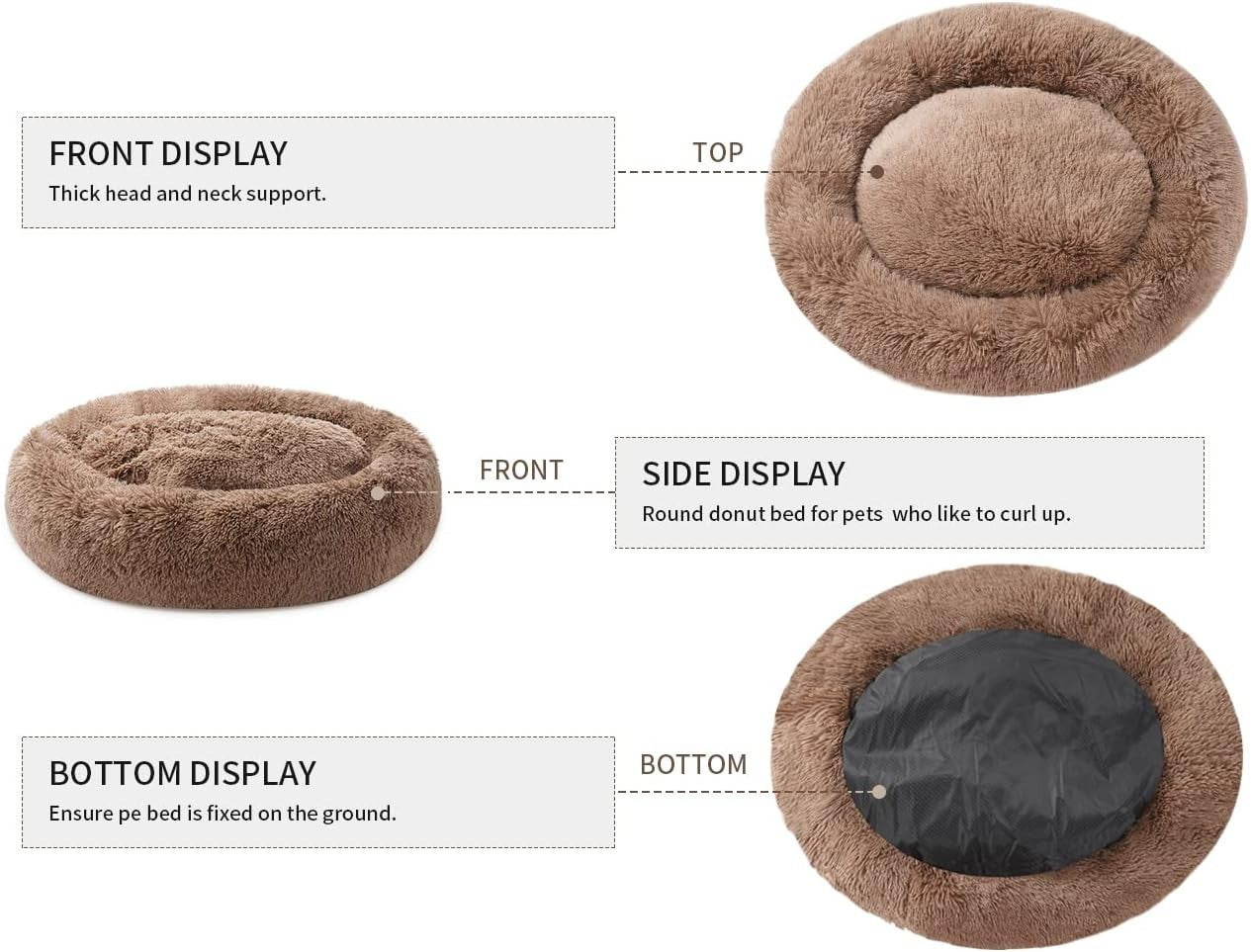 Donut Calming Dog Bed Washable Plush Non Slip Anti Anxiety