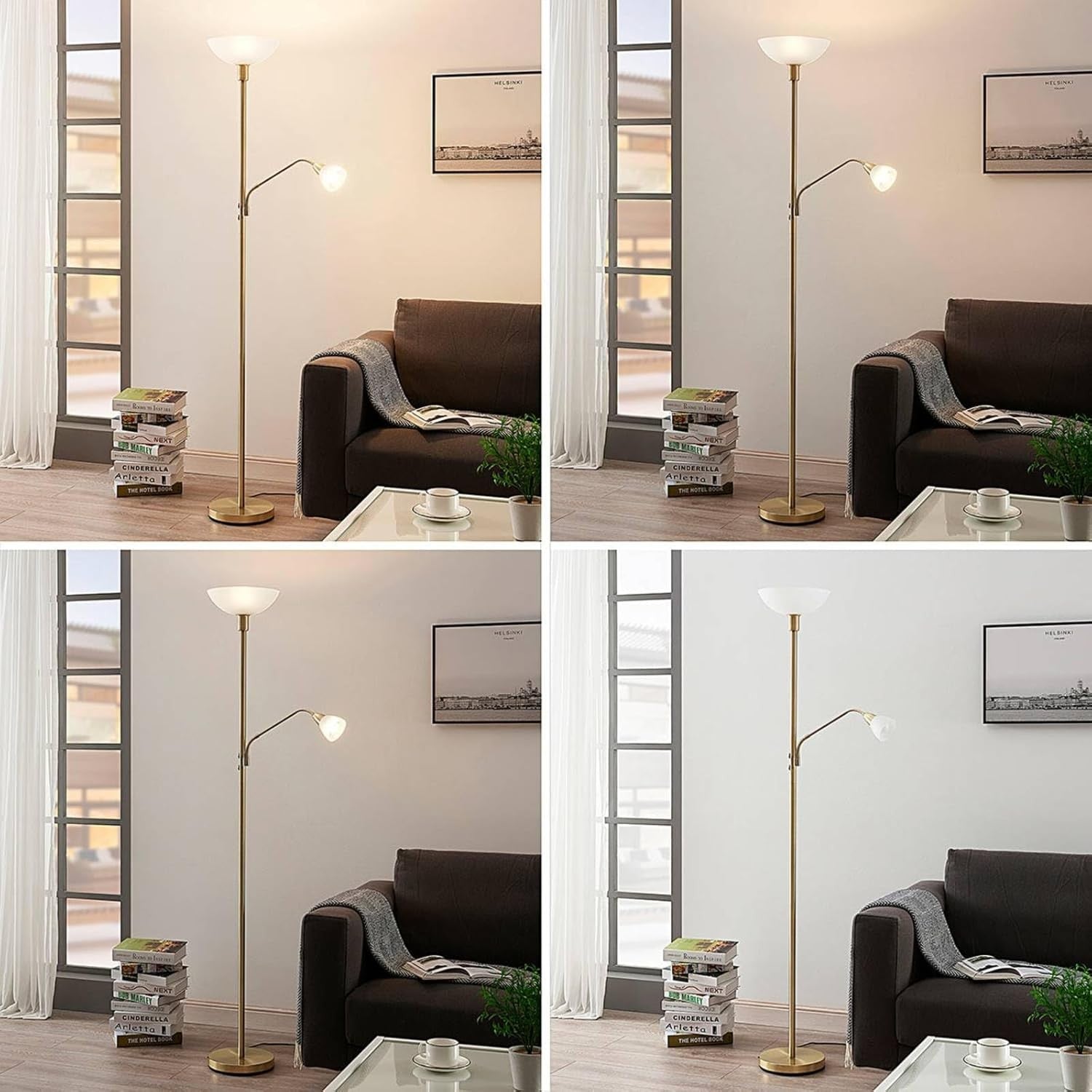 Gold Uplighter Floor Lamp with Reading Arm Matt Brass Frosted Glass
