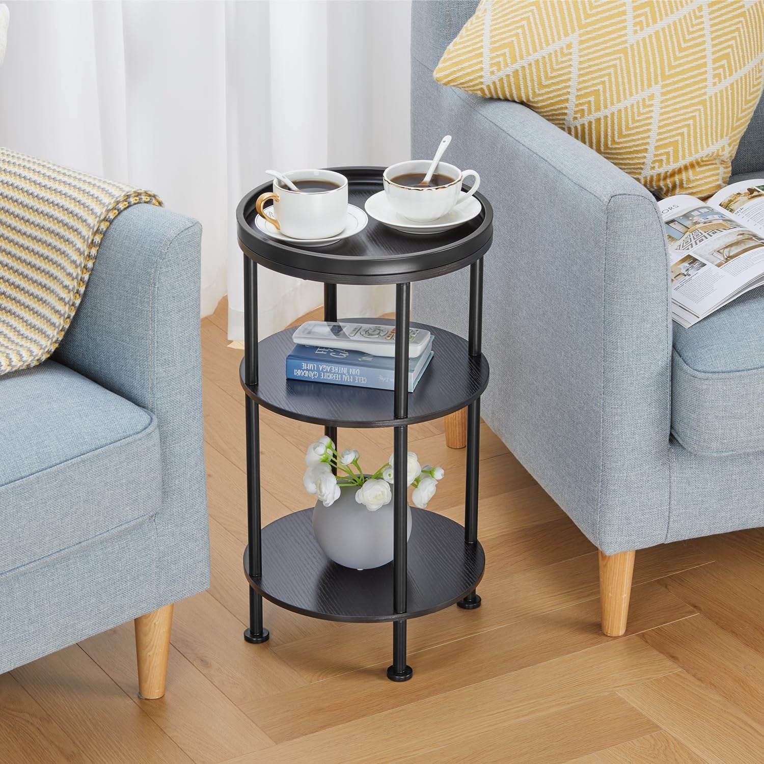 3 Tier Round Side Table with Storage Shelf Metal Frame Small Space 30x55cm