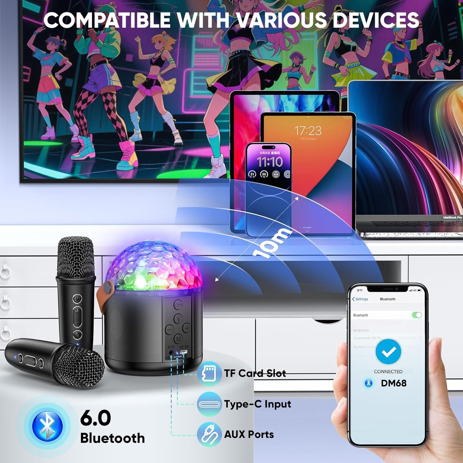 Kids Karaoke Machine with 2 Mics Bluetooth LED Party Speaker