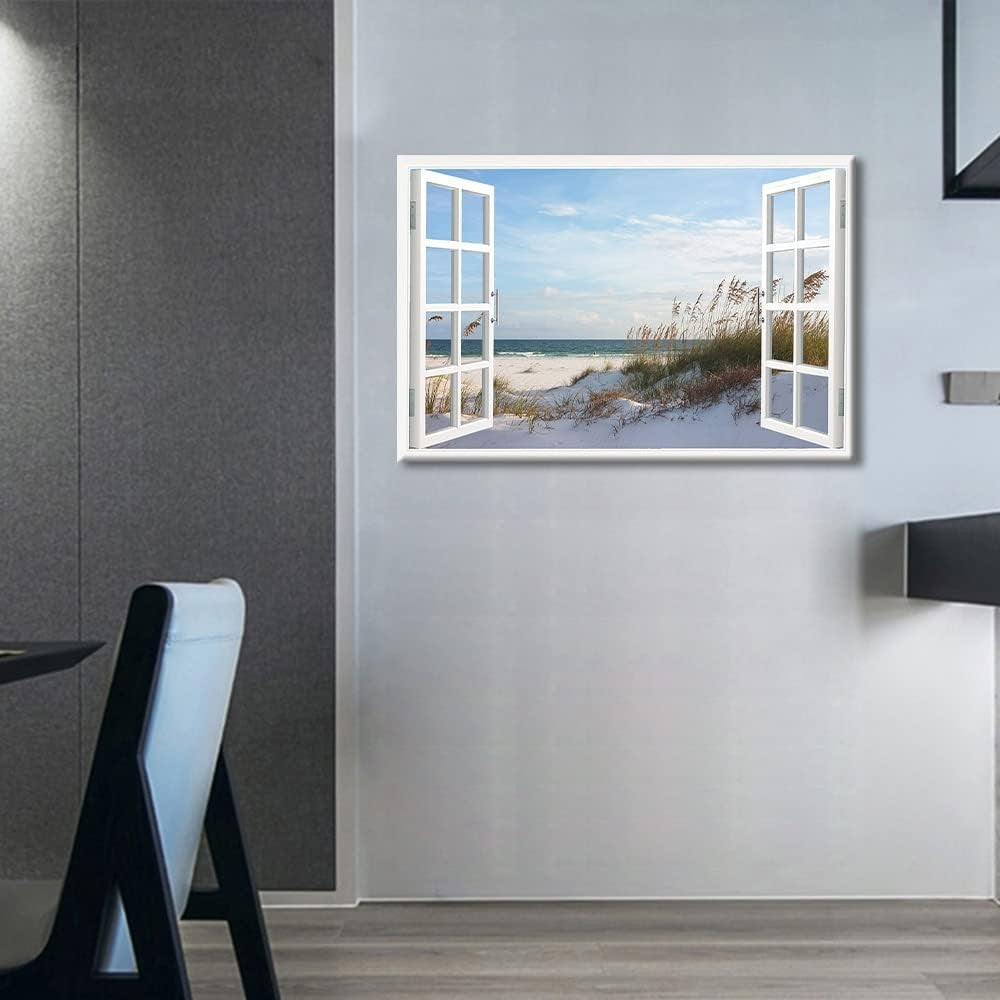 3D Beach Canvas Wall Art 36x24in Modern Window Effect Print