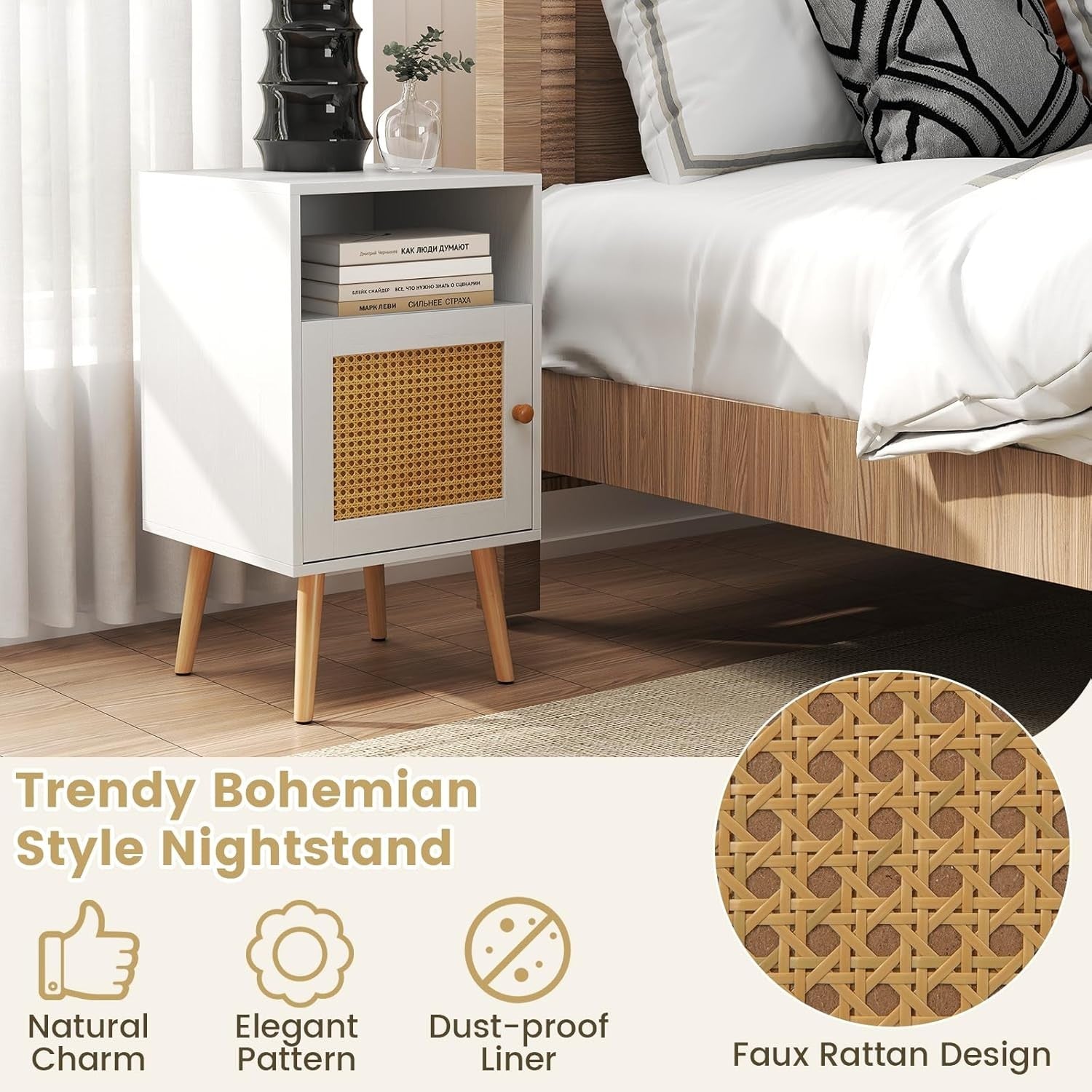 Set of 2 White & Natural Bedside Tables with Rattan Door | Modern Nightstands