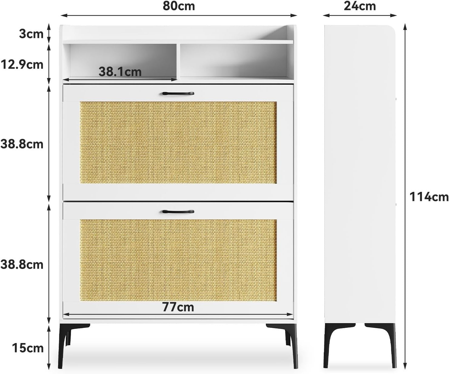 Slim Rattan White Shoe Cabinet with Flip Drawers & Open Shelves 80x24x114cm