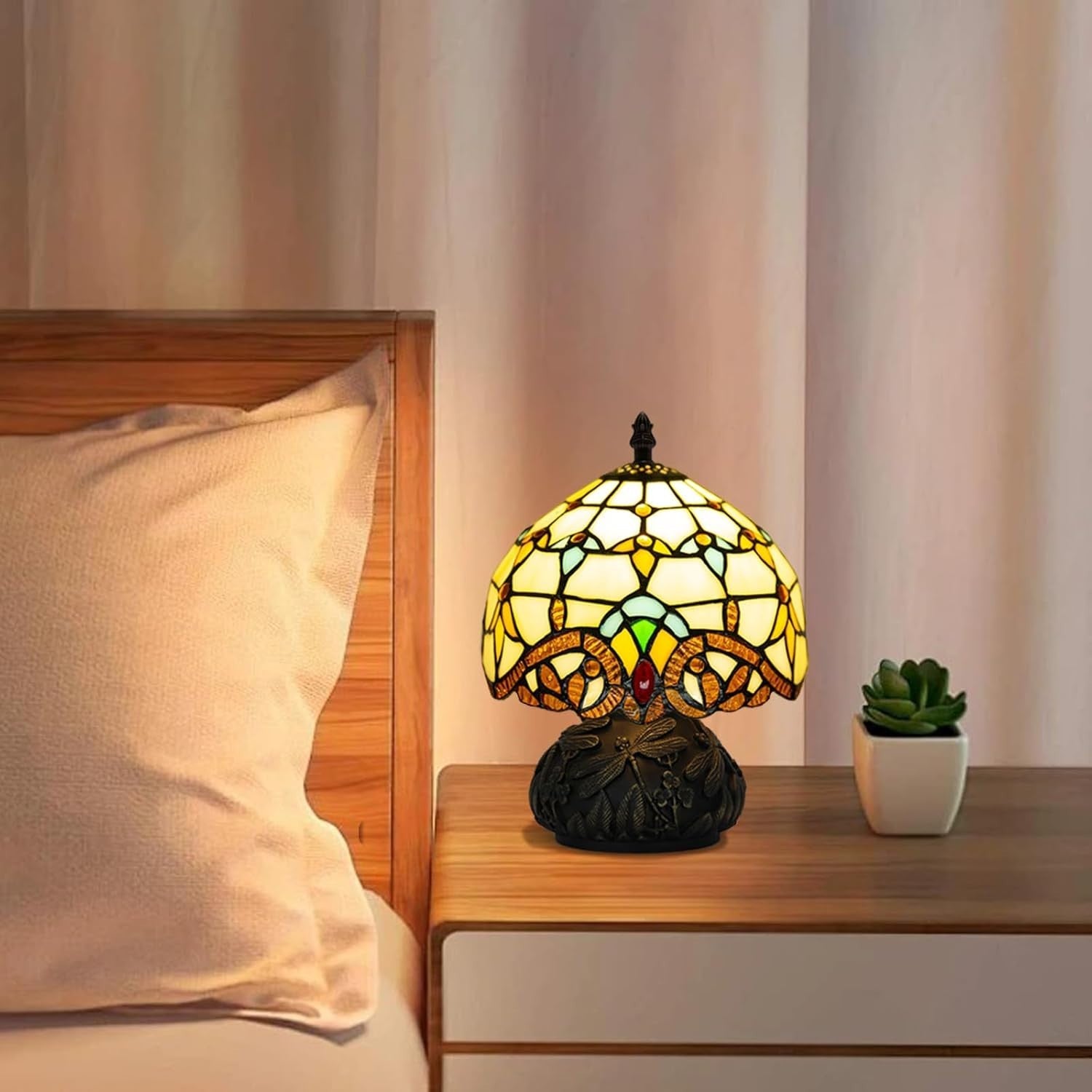 Stained Glass Desk Lamp 8" Mushroom Shade 3 Color Modes Bedroom Decor