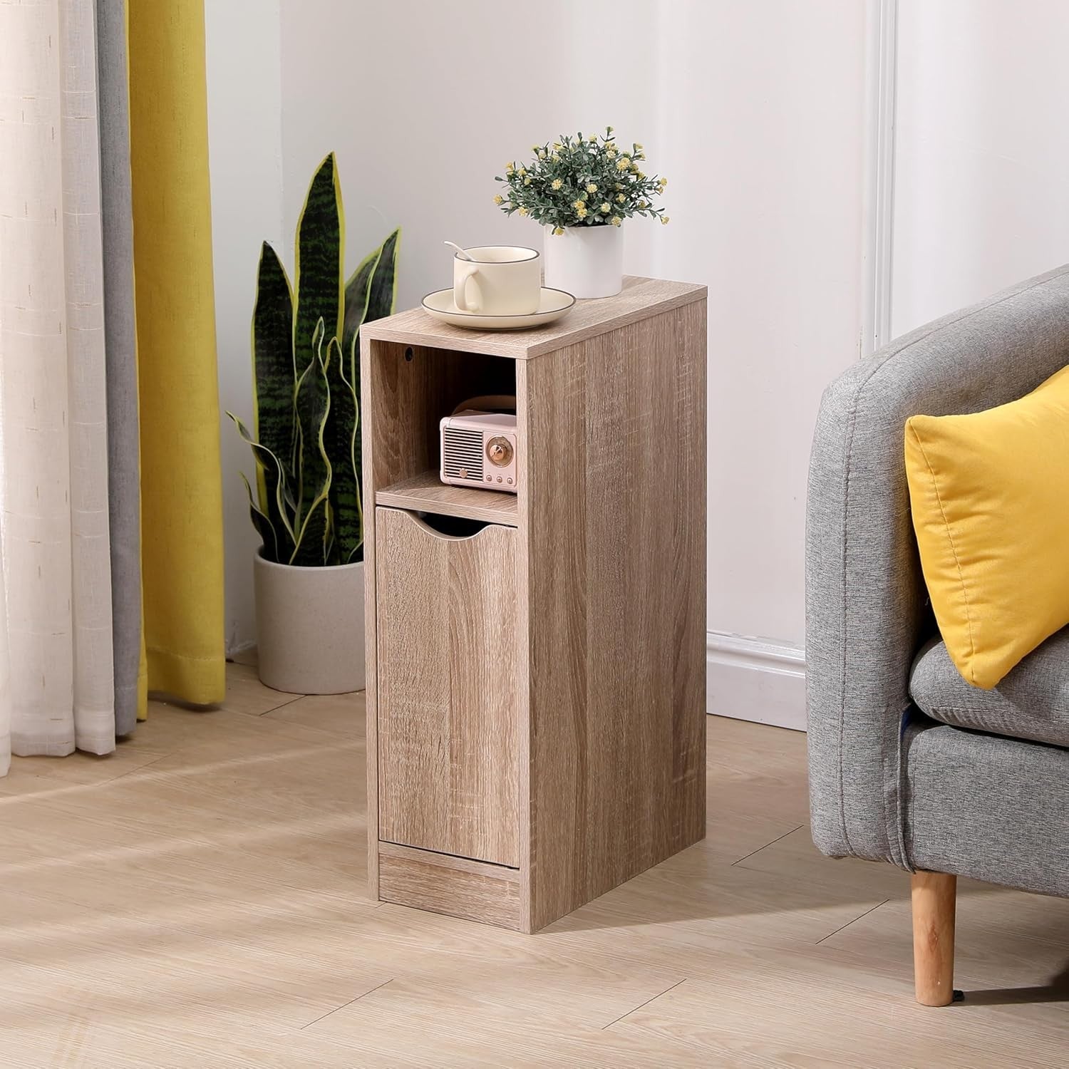 Slim Walnut Bedside Table with Shelf, Narrow Side Cabinet for Small Bedrooms