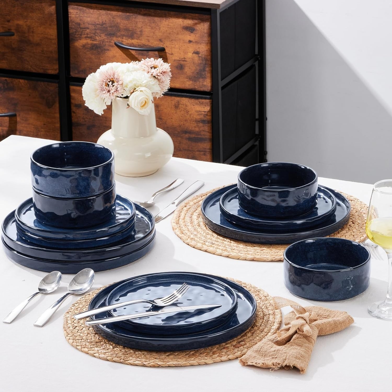 12 Piece Stoneware Dinner Set Plates Bowls Glaze Dishwasher Safe