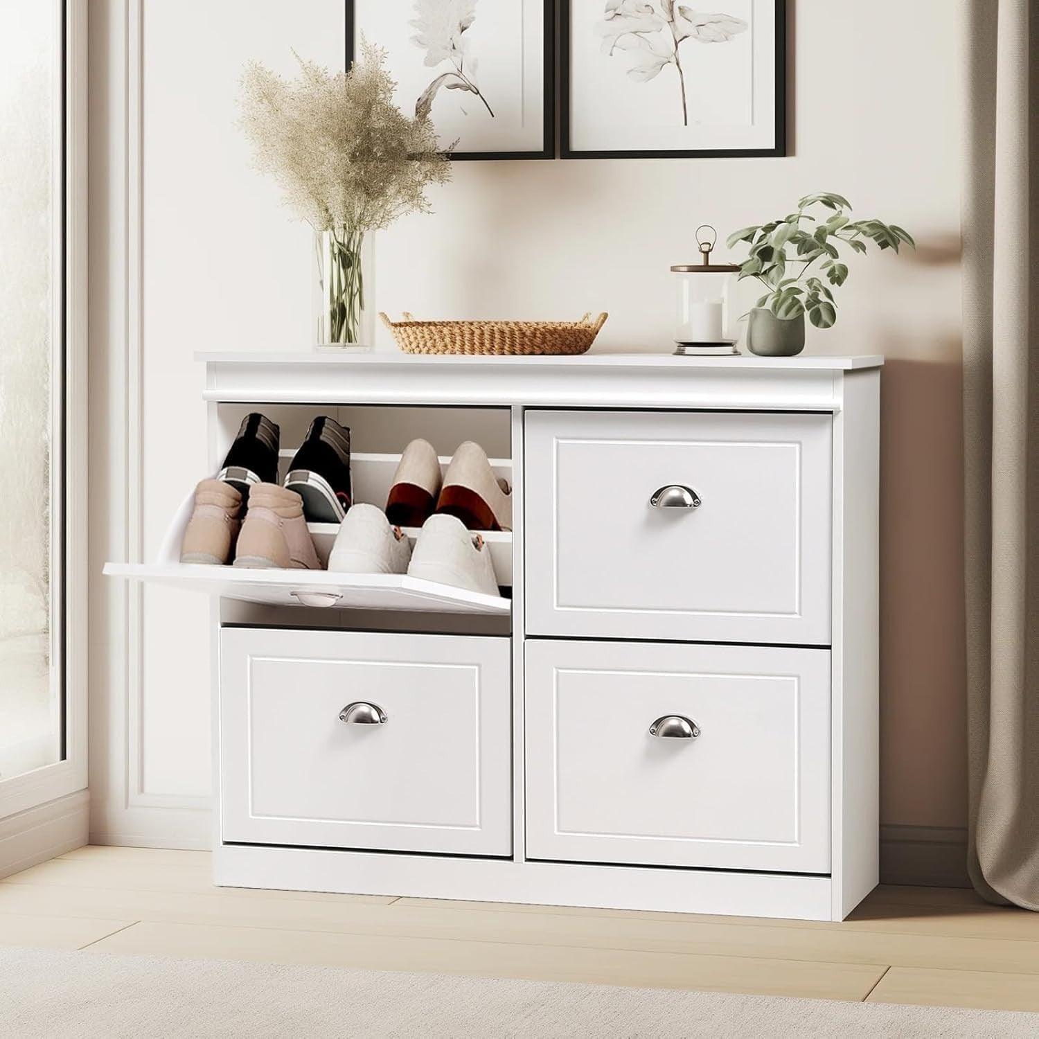 White Flip Down Shoe Cabinet with 4 Drawers & Adjustable Shelves 105x24x83cm