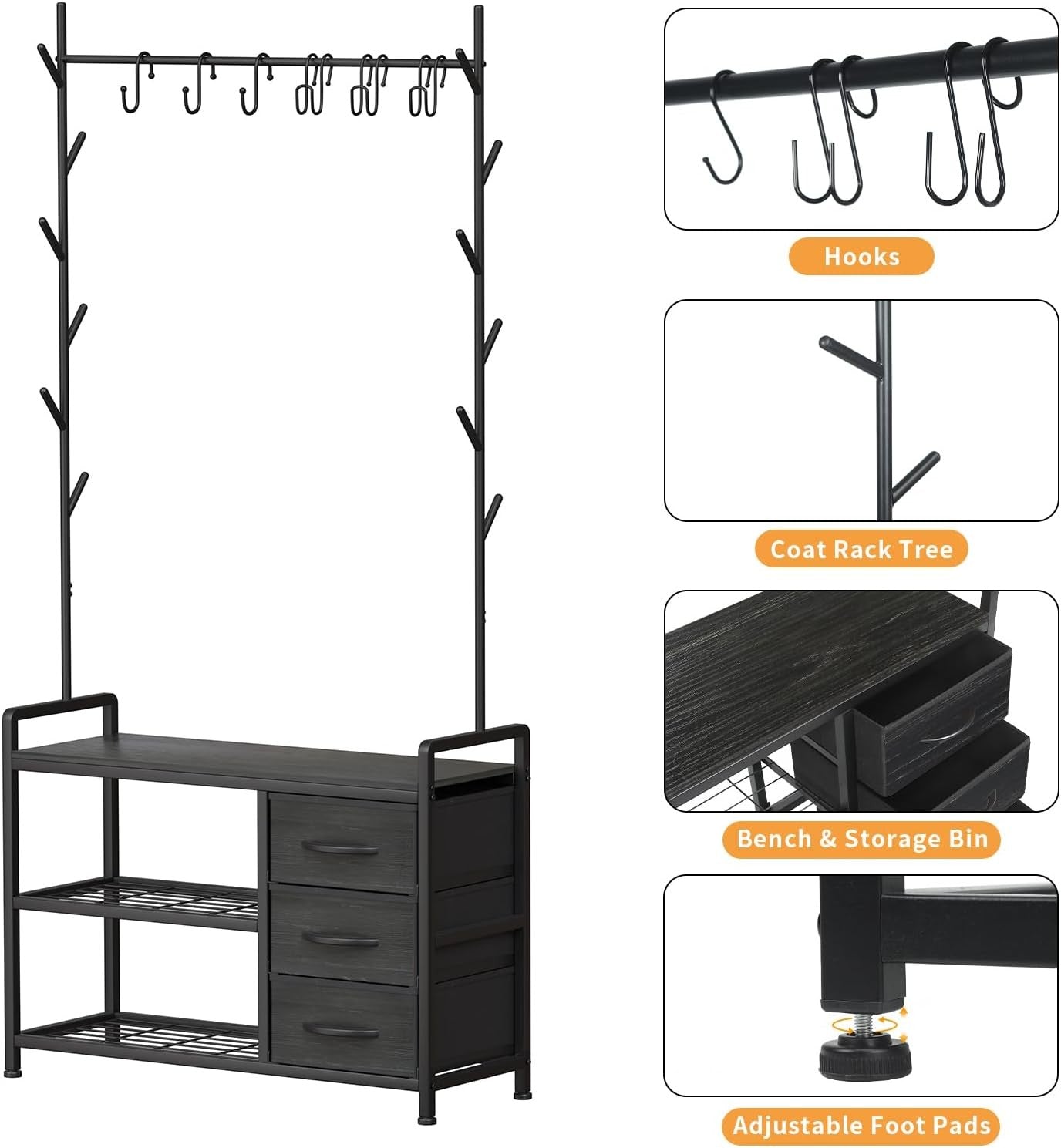 Industrial Coat Rack with Drawer & Shelves | Hall Tree Stand with 6 Hooks