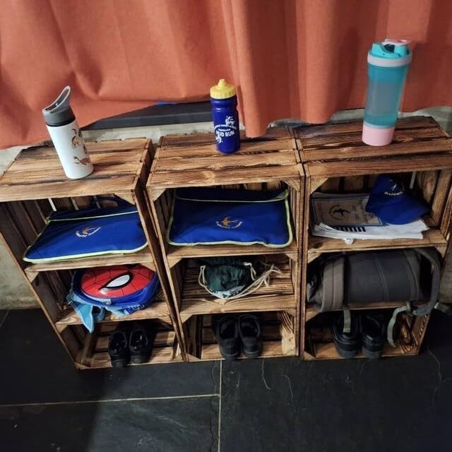 2 x Burnt Effect Wooden Crate with 2-Tier Shelf 40x30x75cm Rustic