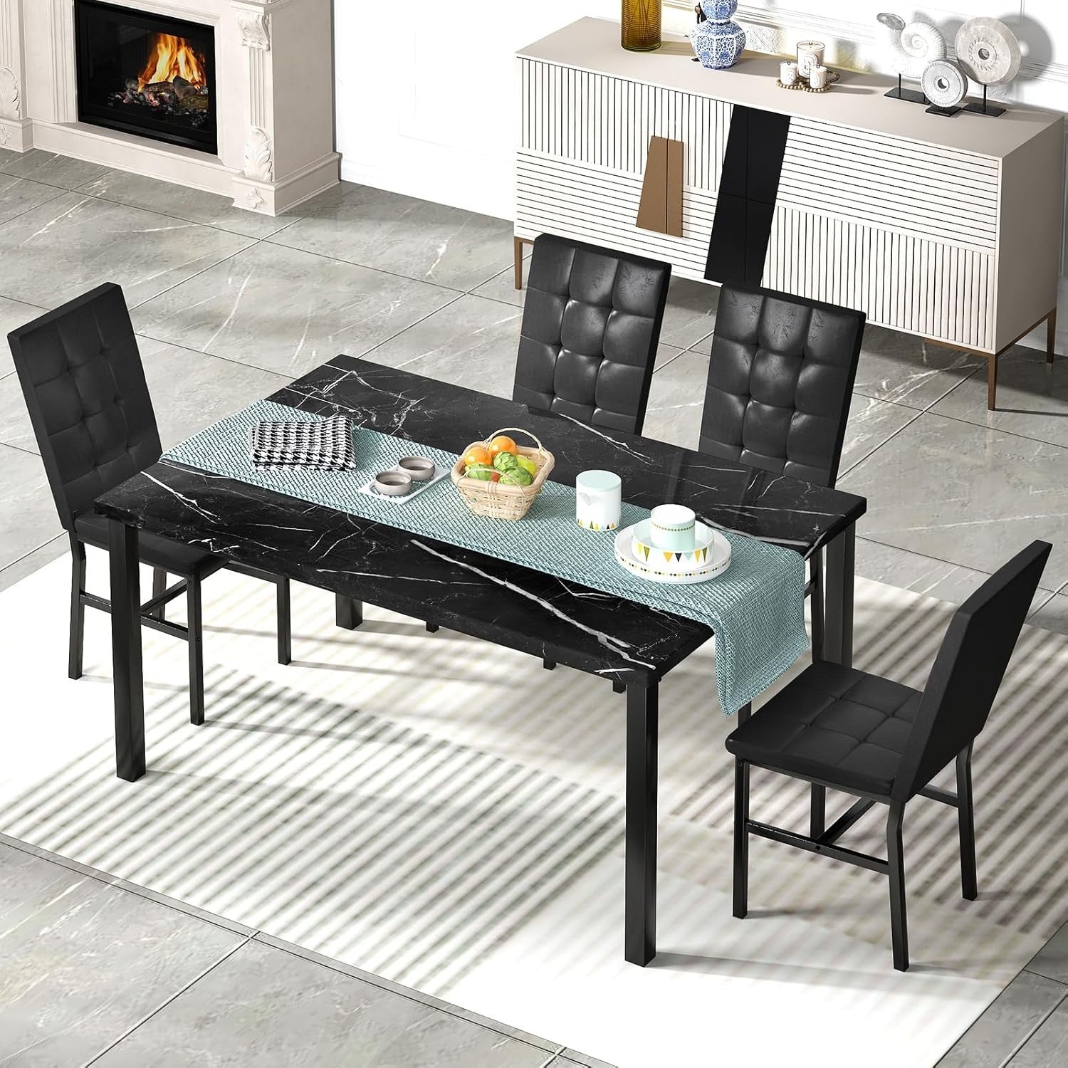 Black Marble Dining Table Set with 4 Leather Chairs Modern 120cm Kitchen