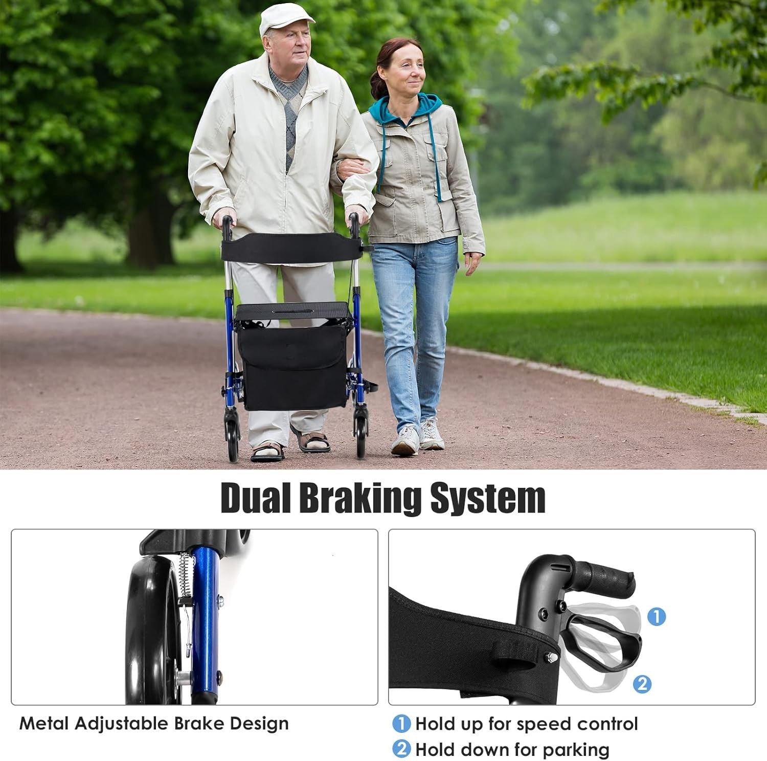 Lightweight Rollator Walker with Seat 4 Wheel Folding Adjustable Mobility Aid