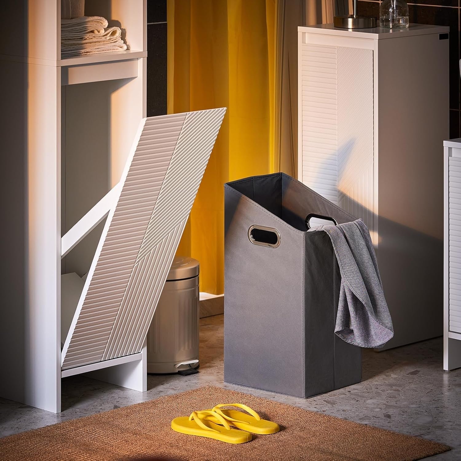 Tall Slim Bathroom Storage Cabinet with Laundry Hamper Adjustable Shelves White
