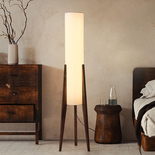 Wabi Sabi Wooden Tripod Floor Lamp Linen Shade Dimmable 50 Inch Tall Light