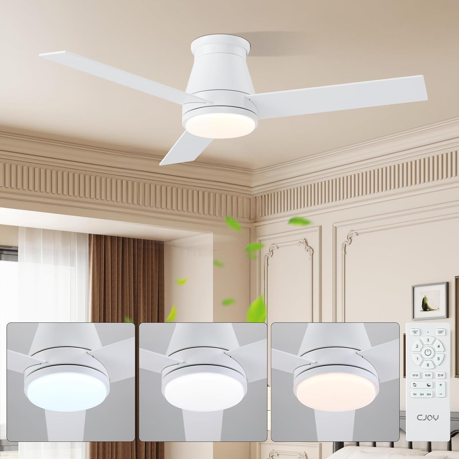 CJOY 42" Ceiling Fan with Lights 6 Speeds Dimmable LED White