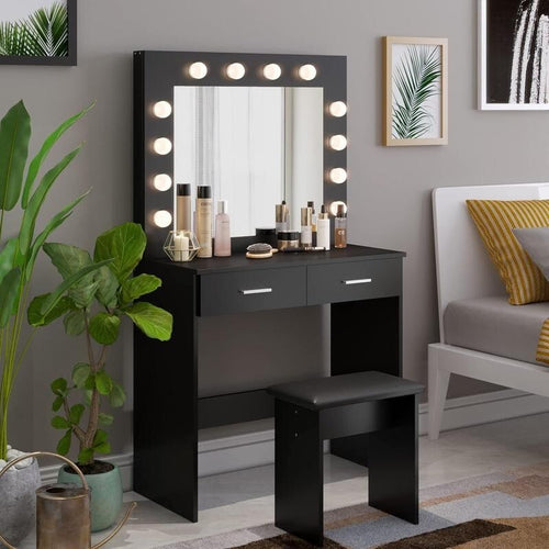 Hollywood LED Vanity Dressing Table Set w/ Mirror, Drawers & Stool Black