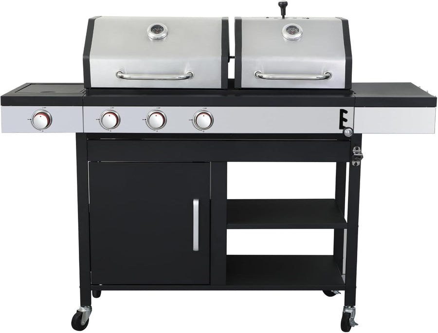 3 Burner Dual Fuel BBQ Grill with Side Burner, Gas & Charcoal Outdoor Barbecue