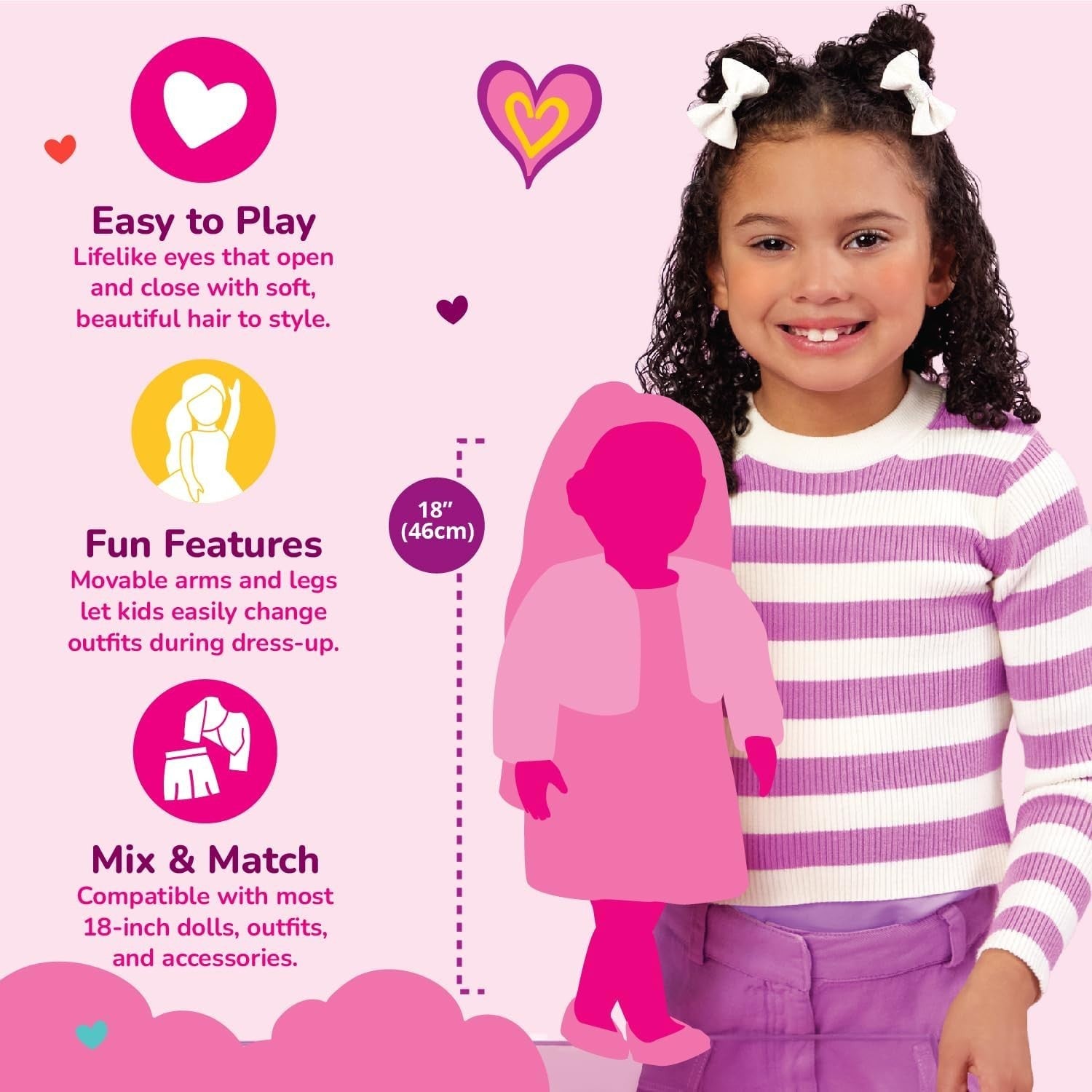 18in Birthday Doll Curly Black Hair Brown Eyes Party Outfit Toy