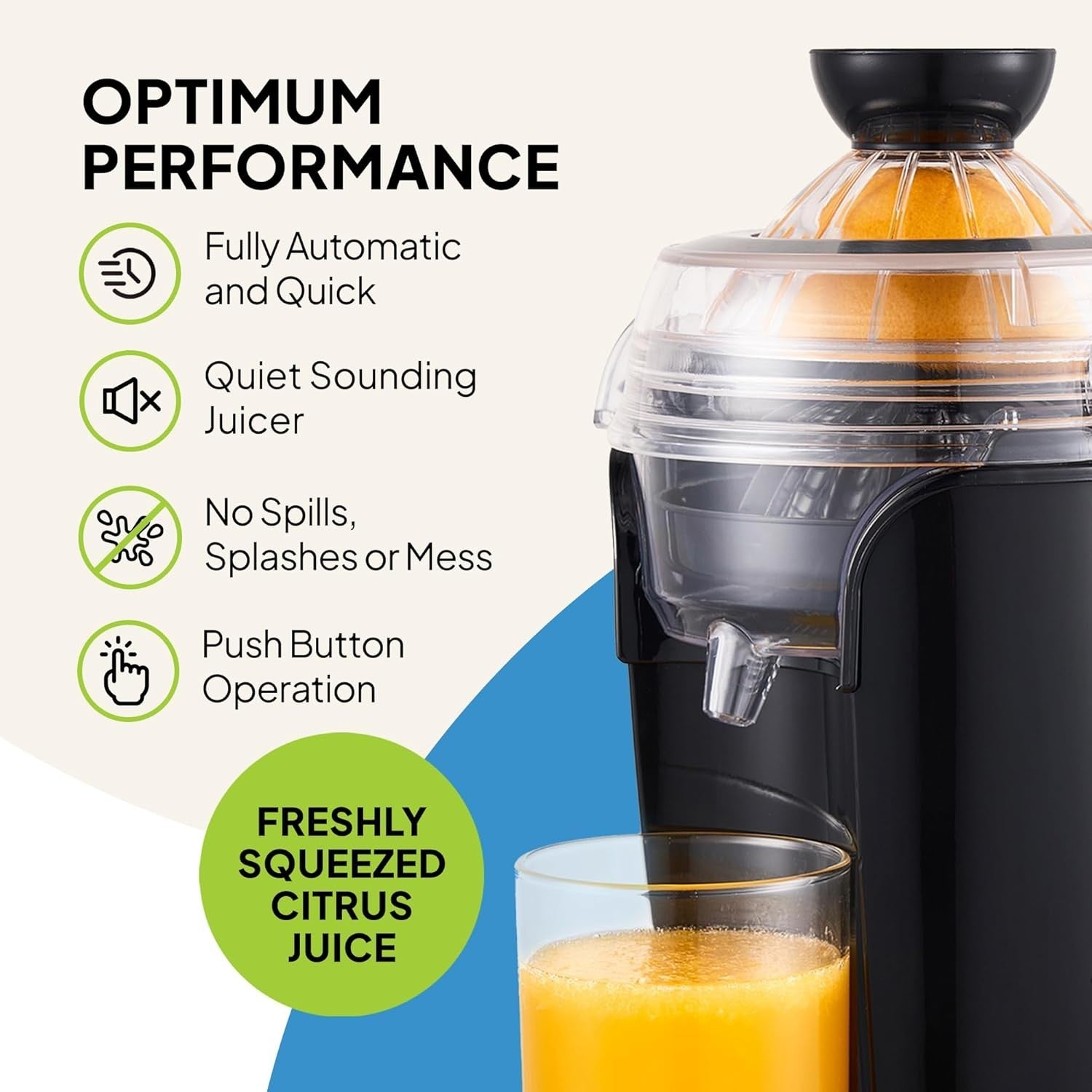 Automatic Citrus Juicer One Touch No Spill Quiet 50W Easy Clean Compact