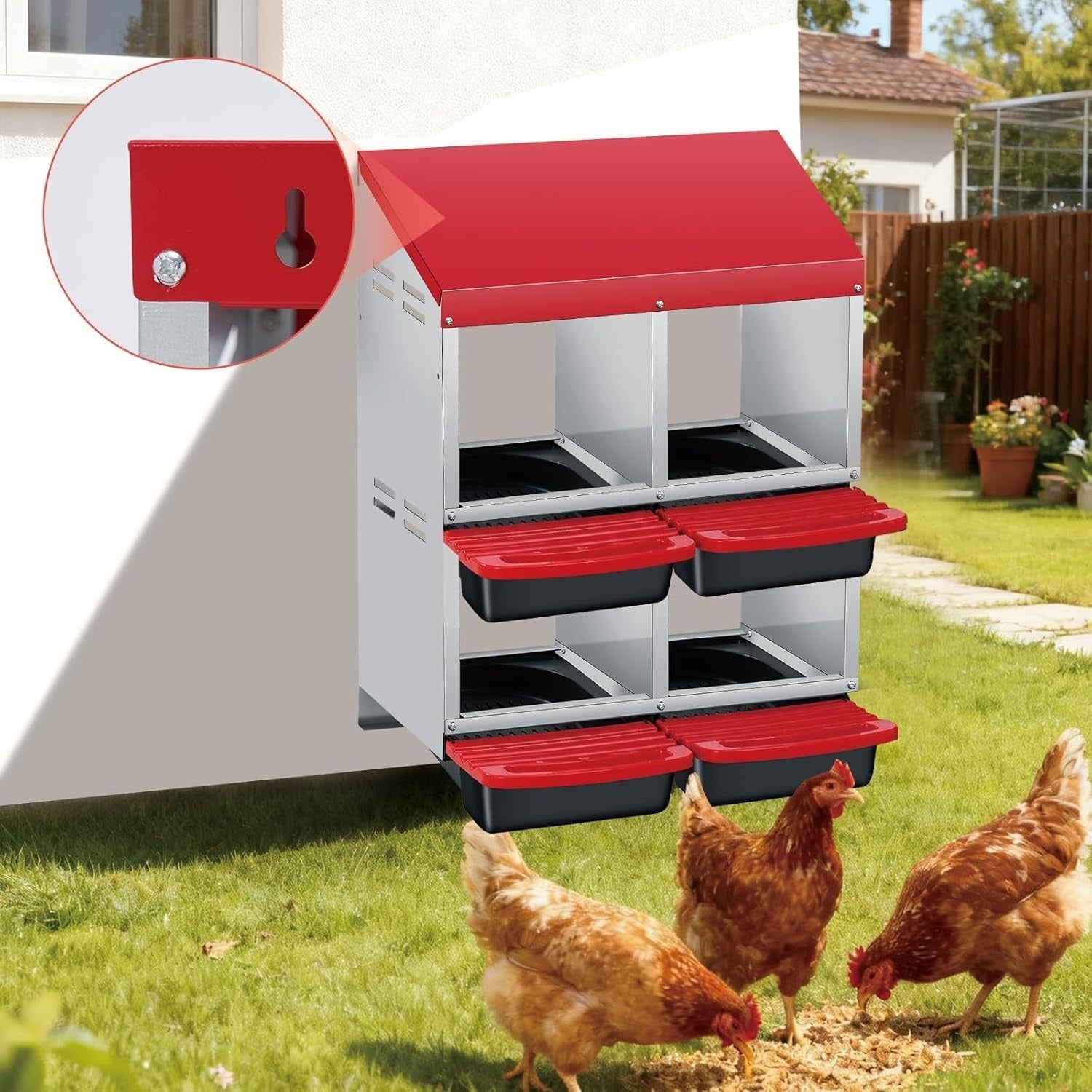 4 Chamber Galvanised Steel Chicken Nesting Box Pull Out Tray