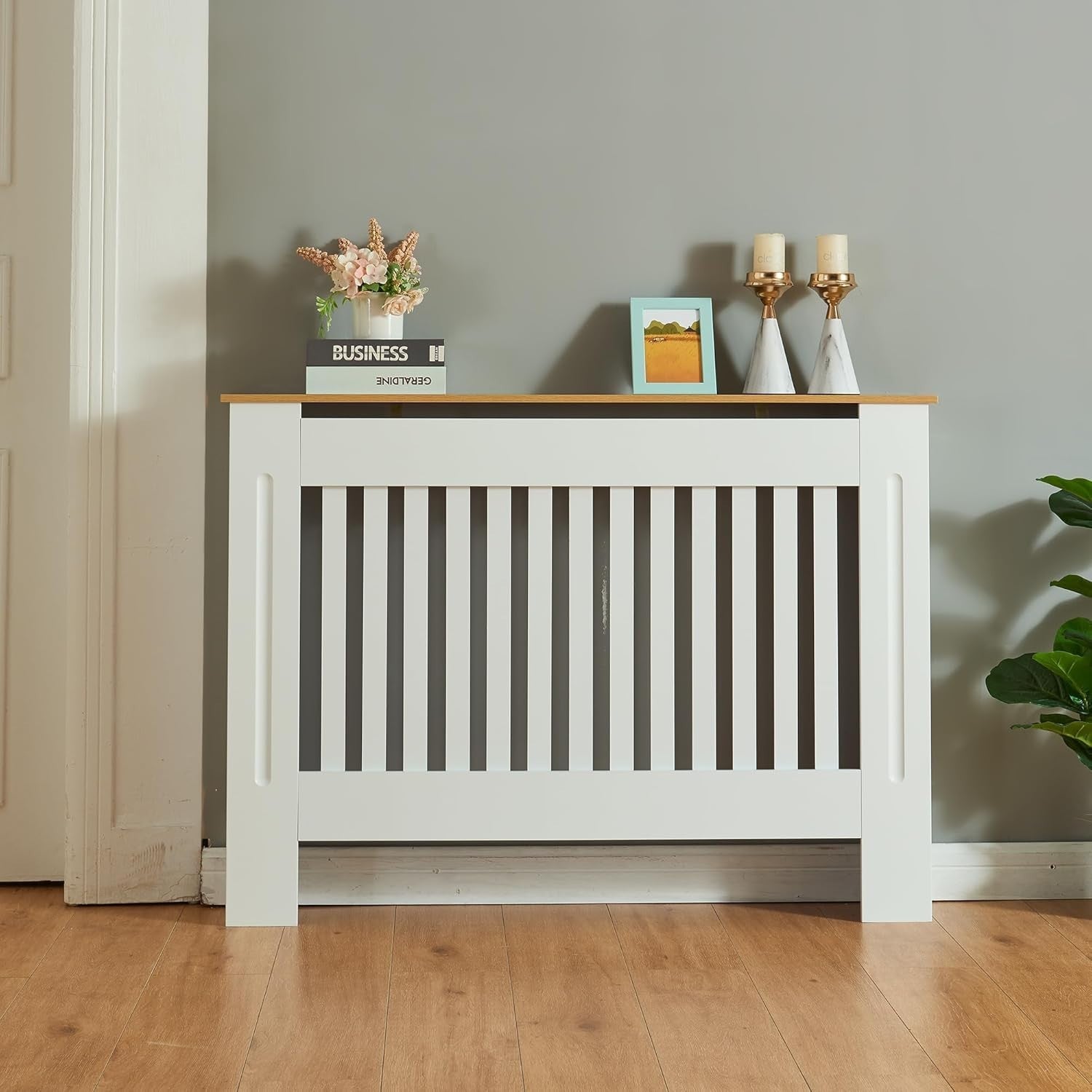 Medium White Radiator Cover 112cm Wood Top Modern Slatted Heating Cabinet