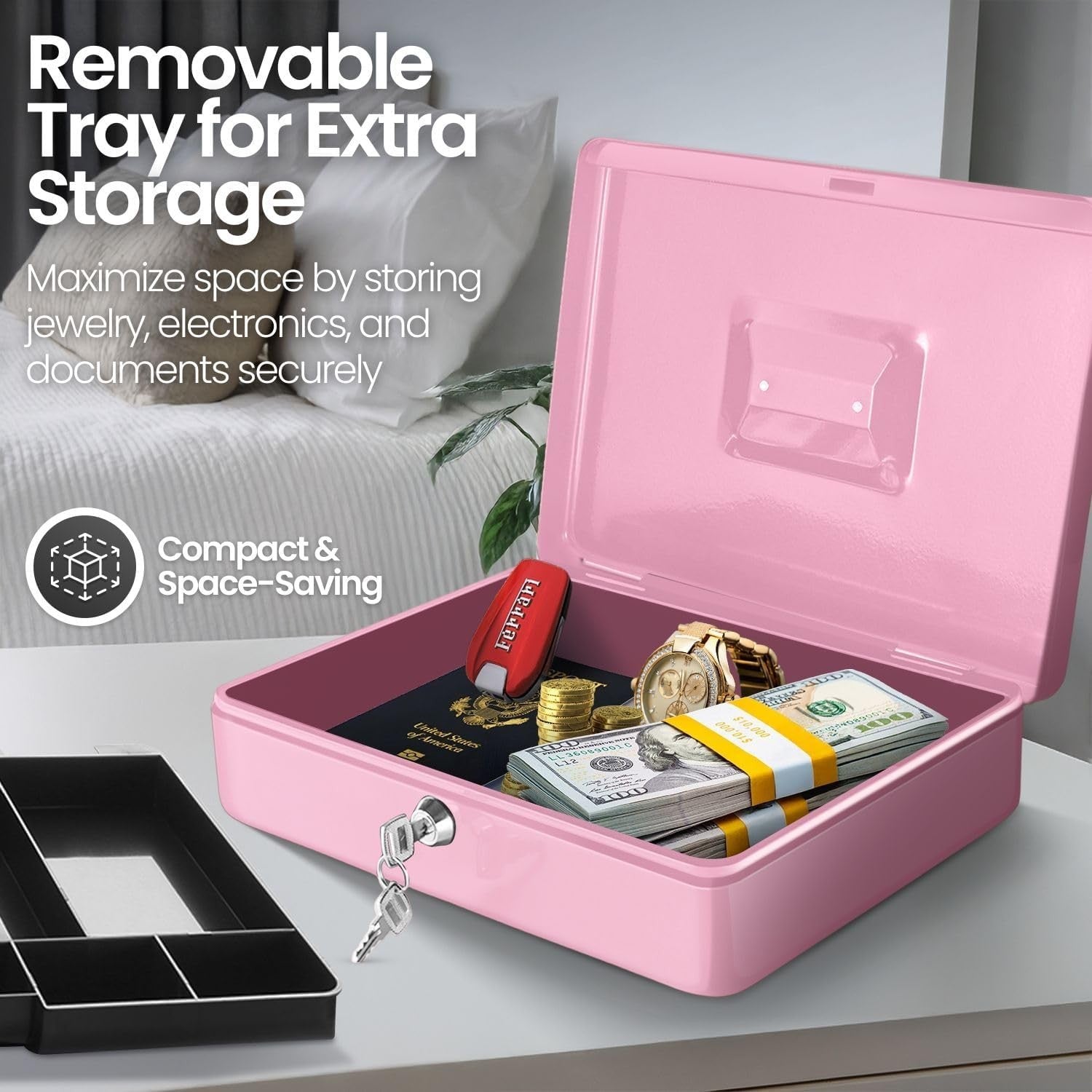 Pink Cash Box with Lock 9 Compartment Money Tray Portable Storage