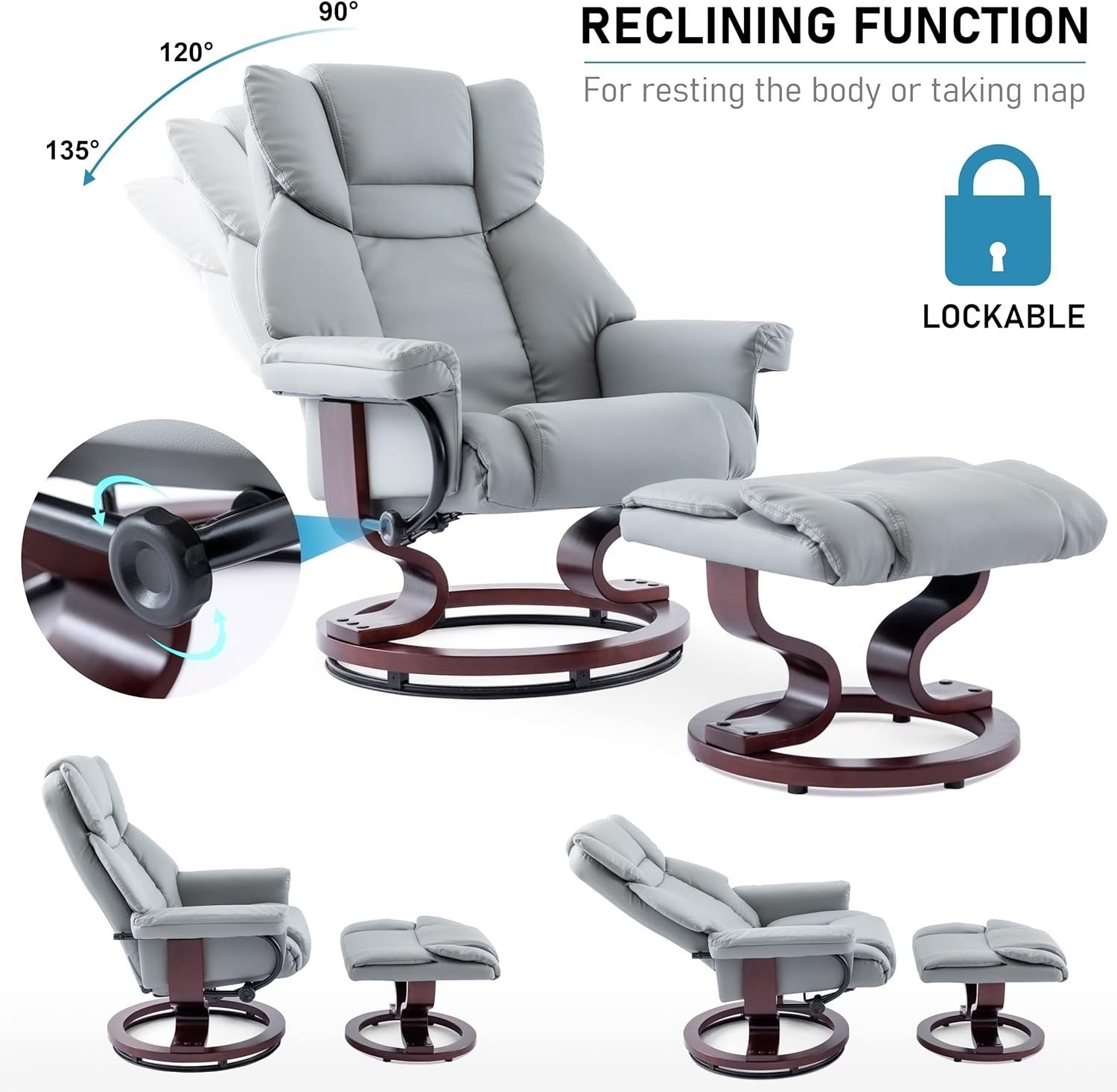 Recliner Chair with Footstool Swivel Lounge PU Leather Armchair 135°