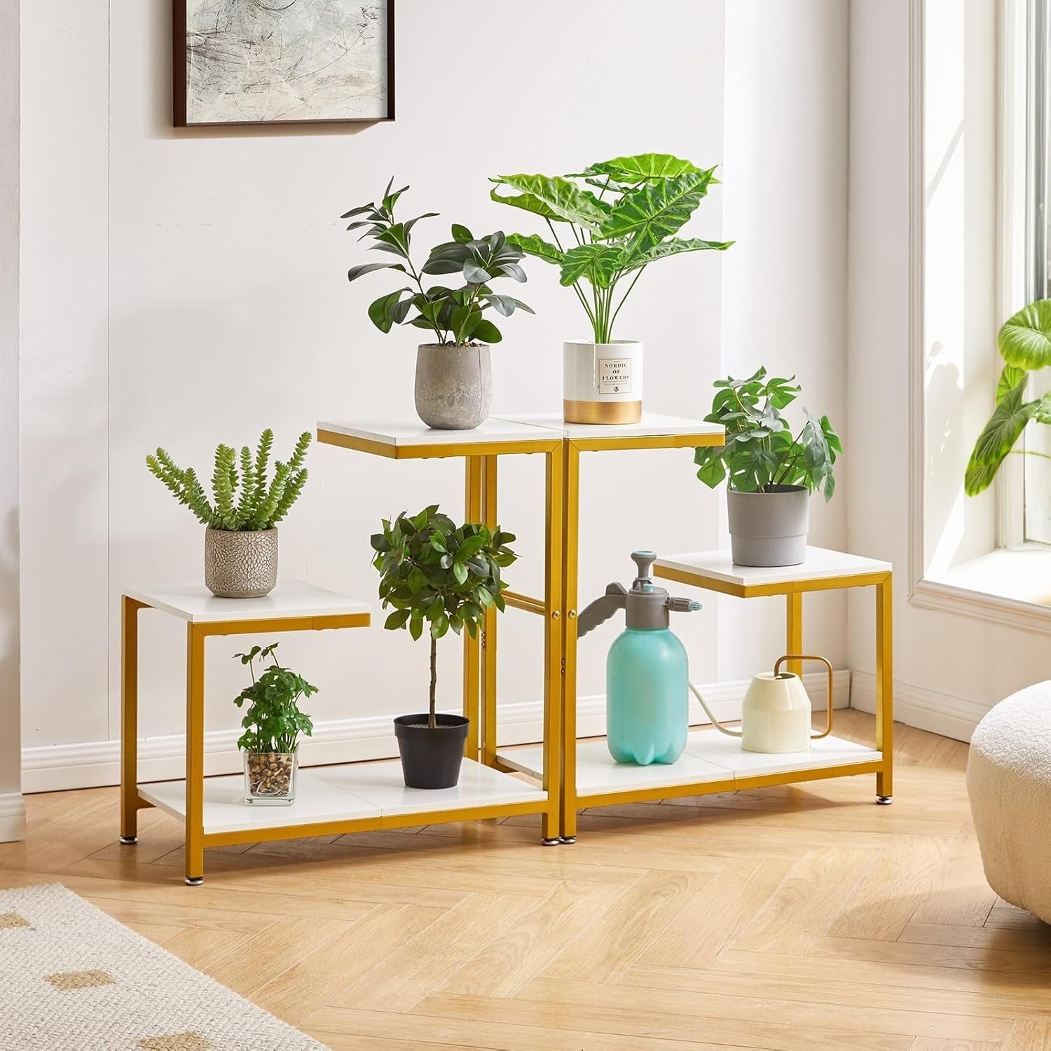 White G-Shaped Side Table 29x60x63.5 cm | Small End Table w/ 3-Tier Storage
