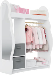 Kids Wardrobe with Mirror, Hanging Rail & 2 Drawers, White Cloud Design