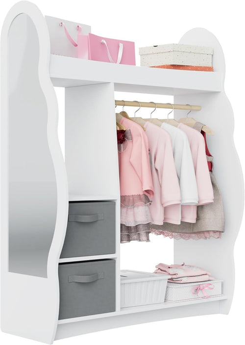 Kids Wardrobe with Mirror, Hanging Rail & 2 Drawers, White Cloud Design
