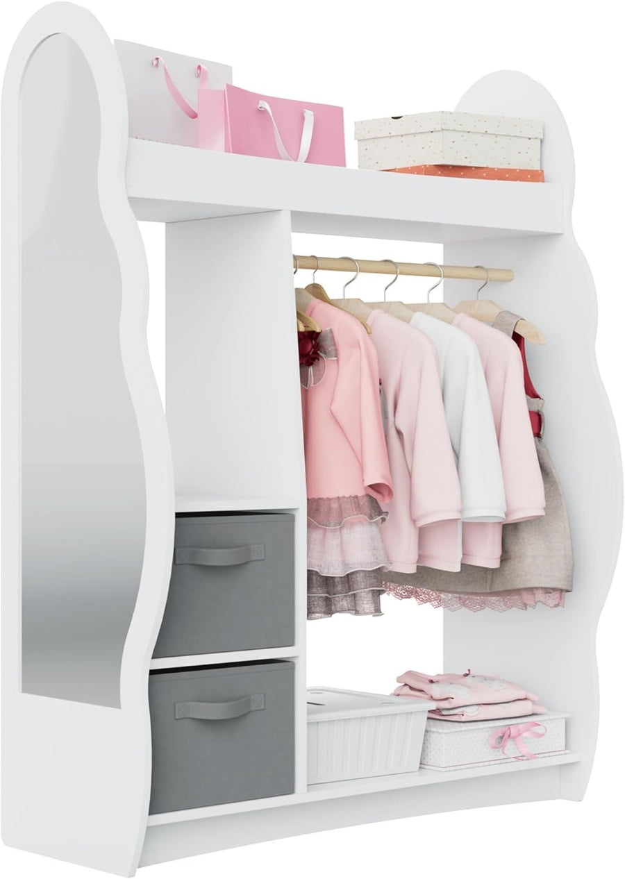 Kids Wardrobe with Mirror, Hanging Rail & 2 Drawers, White Cloud Design