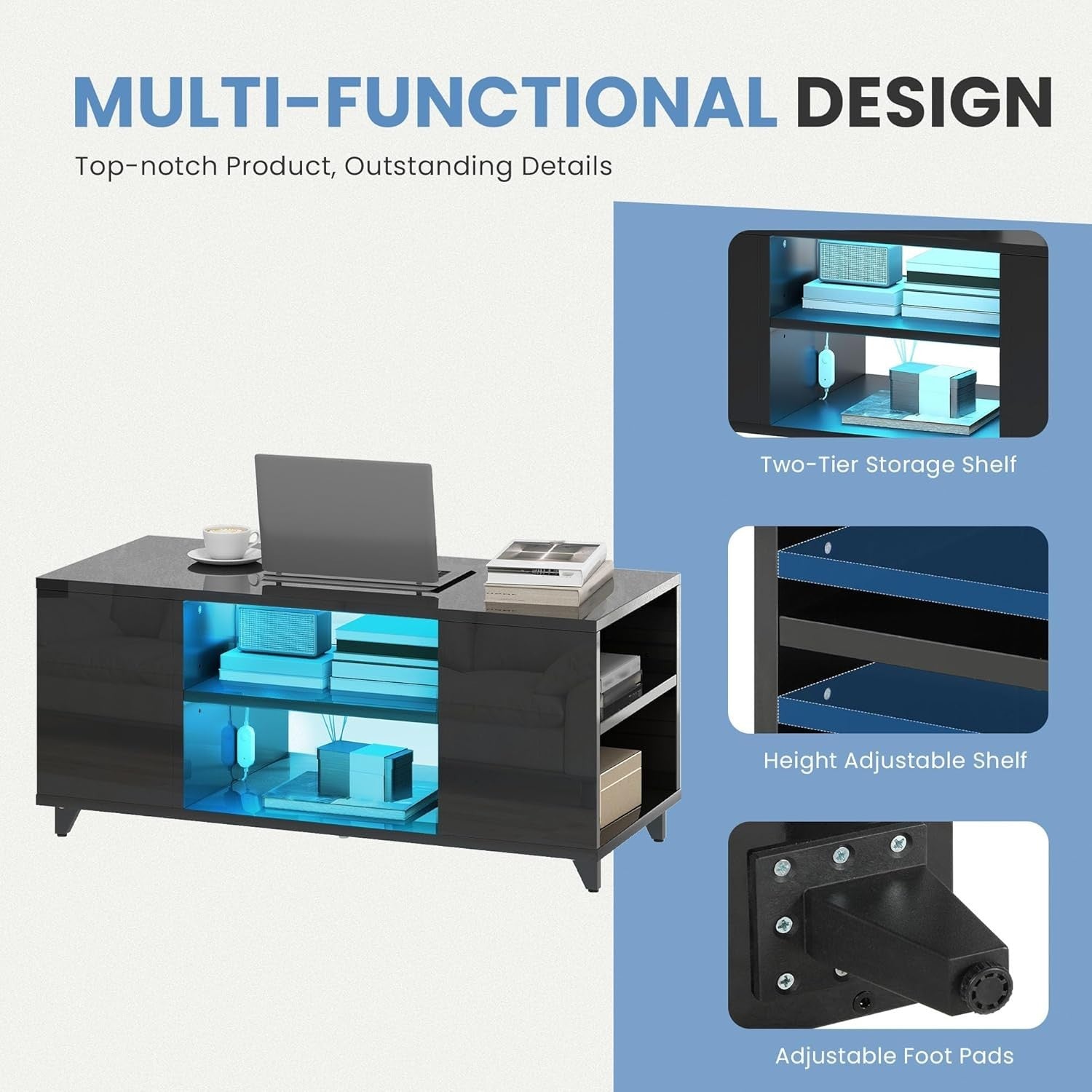 High Gloss Black Coffee Table with Storage & RGB LED Light, 97.5x48x45cm