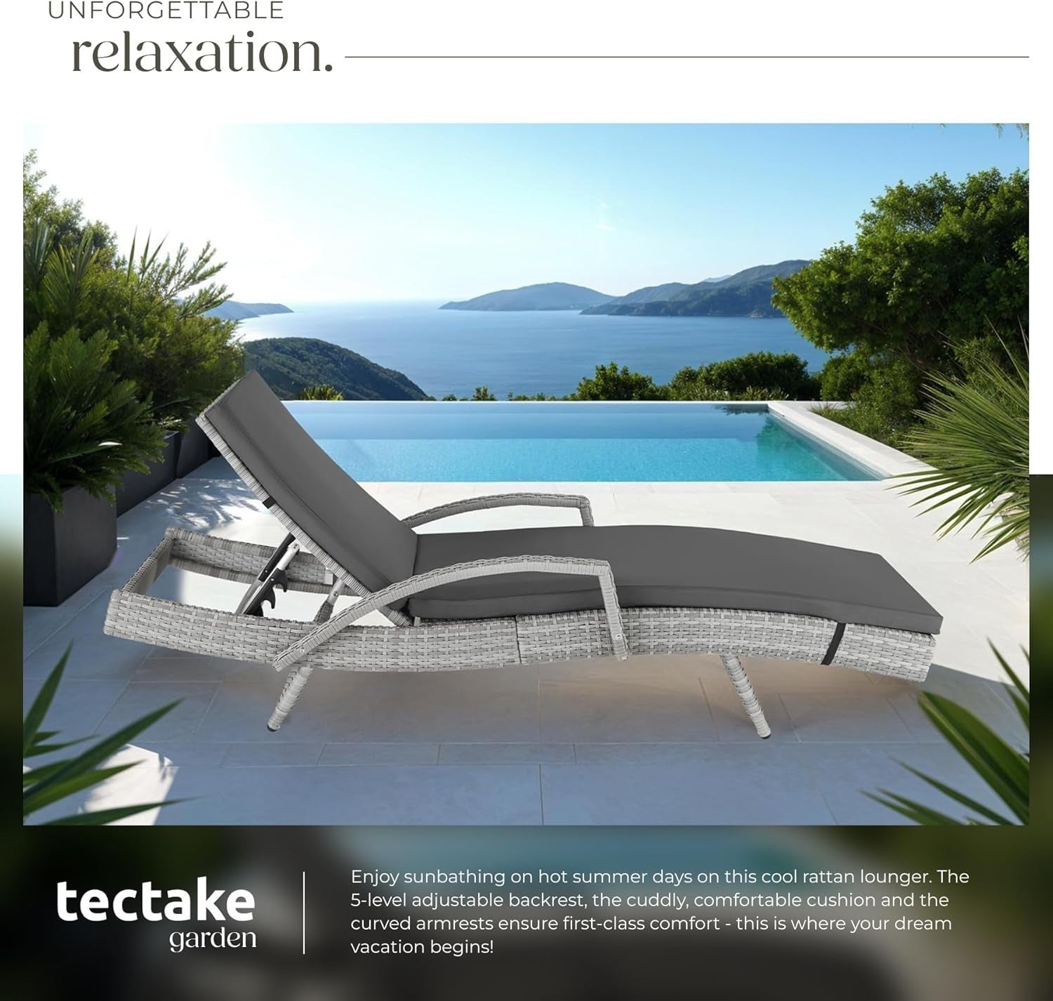 Adjustable Rattan Sun Lounger with Cushion, Weatherproof & Lightweight