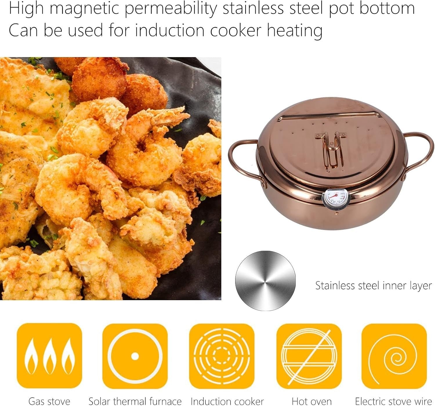 3.2L Stainless Steel Deep Fryer Pot w Thermometer Non Stick Rose Gold