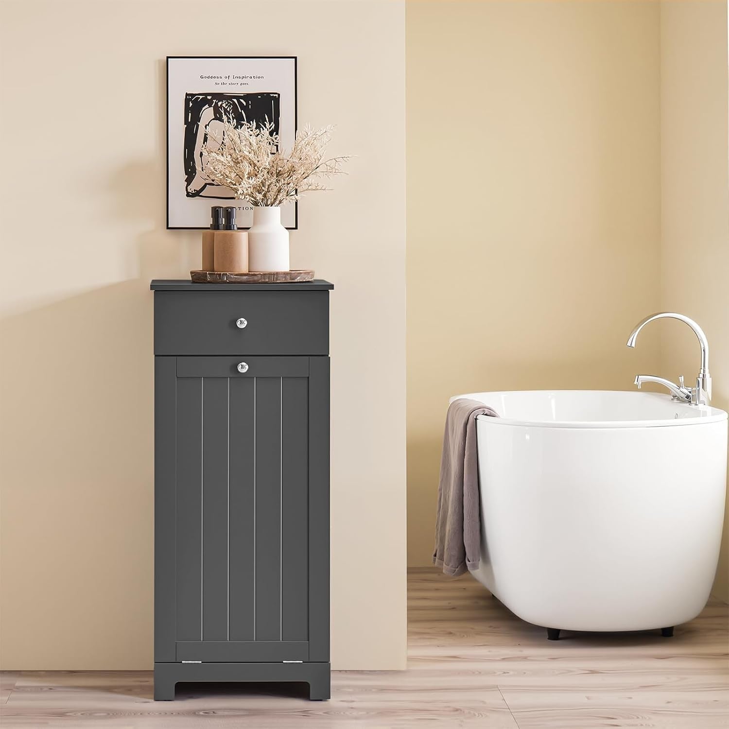 Slim Bathroom Laundry Cabinet with Tilt Hamper & Drawer, Space-Saving Unit 40x90