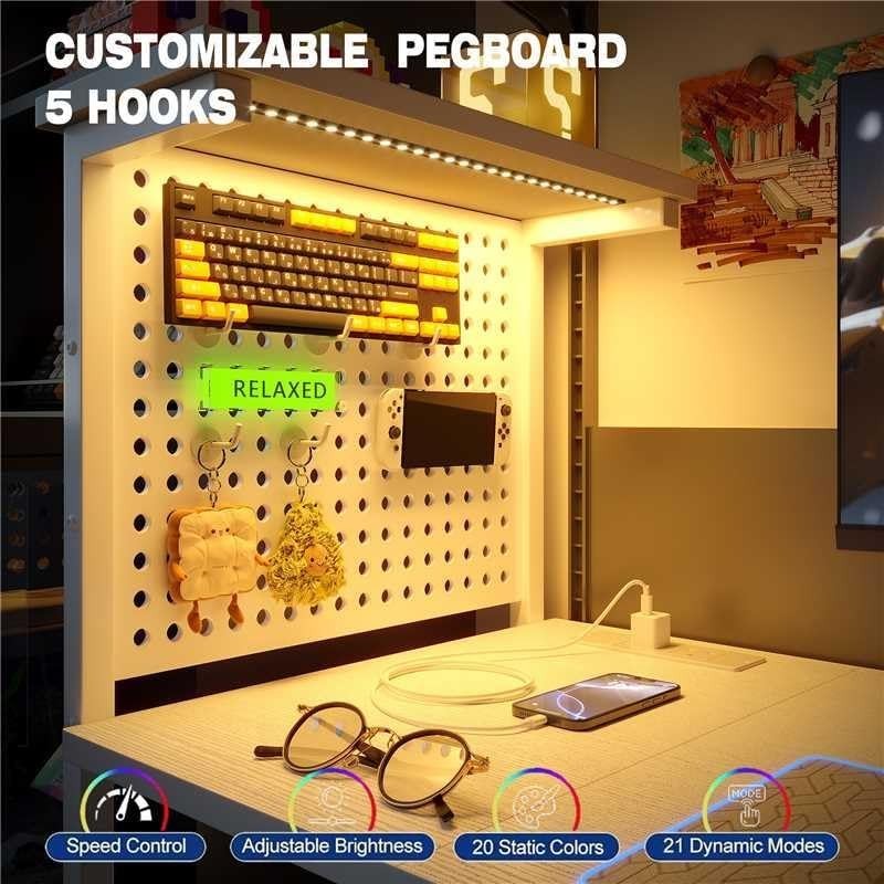 White Gaming Desk w/RGB LED, Power Hub & Reversible Shelf 120x50cm