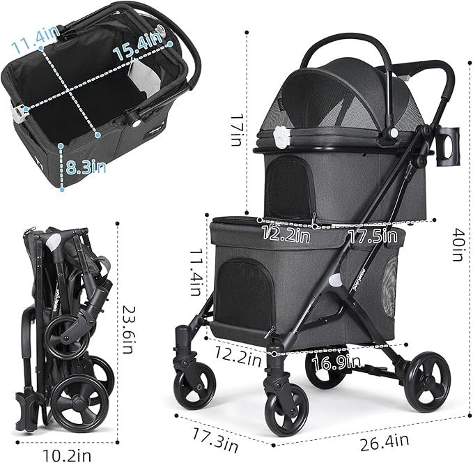 Double Pet Stroller 2 Tier Folding Dog Pram for Small Medium Dogs Cats
