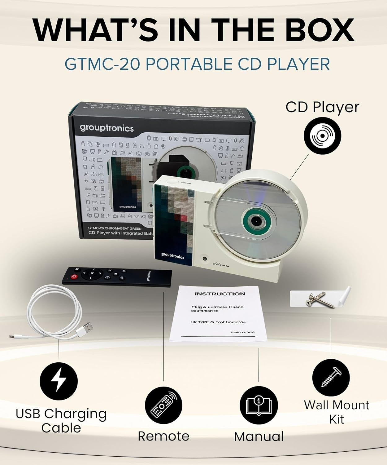 Portable CD Player Bluetooth Rechargeable w/ Speakers Wall Mount Green