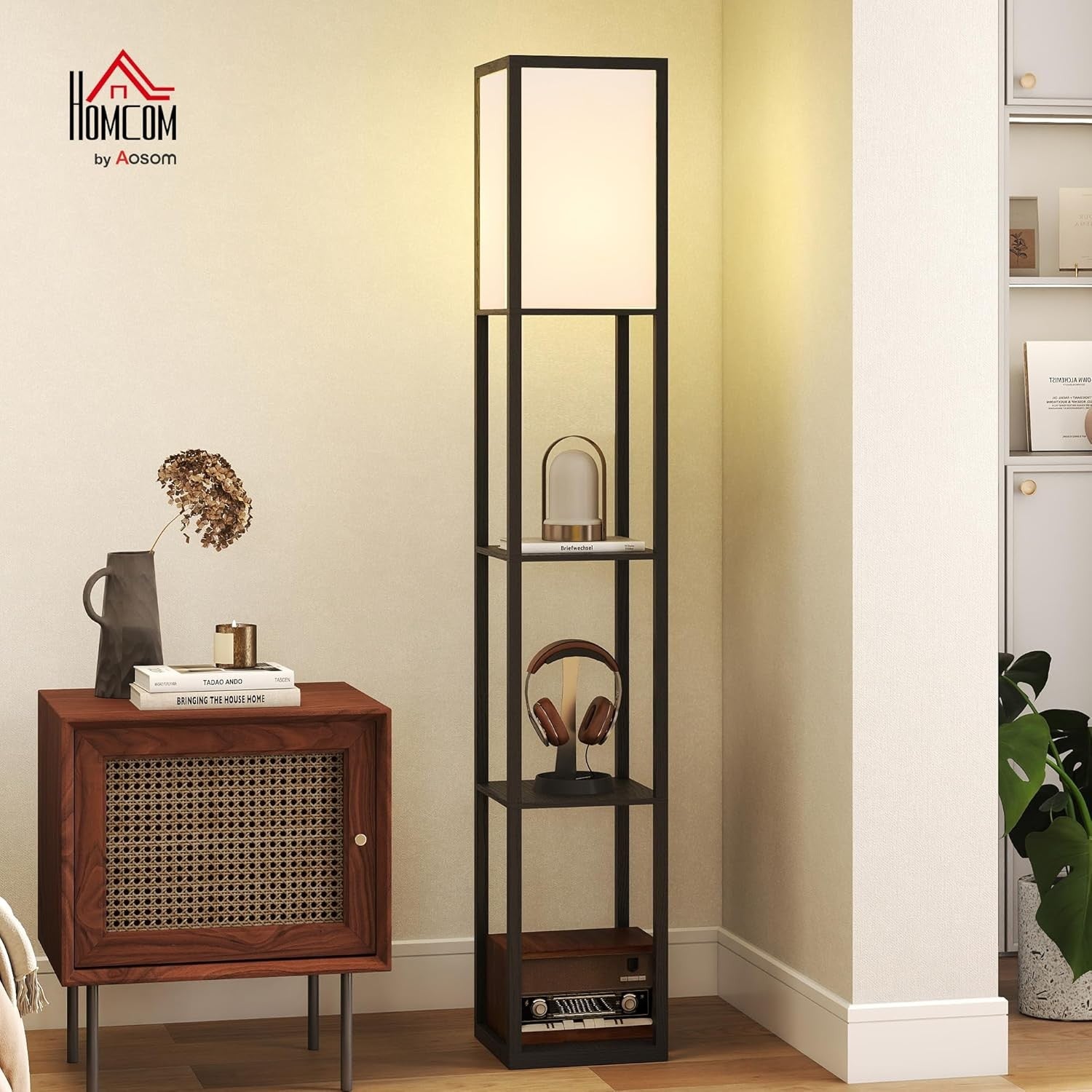 Floor Lamp with Shelves Storage Standing Light Black Modern 3 Tier 160cm