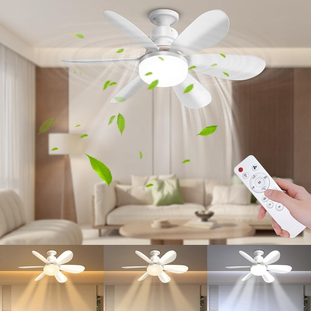 52cm Ceiling Fan, LED Light, E27 Base, Remote, 3 Speeds, Dimmable